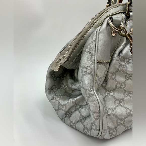 Auth Gucci Silver Gray Metallic Guccisima Leather Convertible Sukey Bowler Bag - Picture 6 of 16